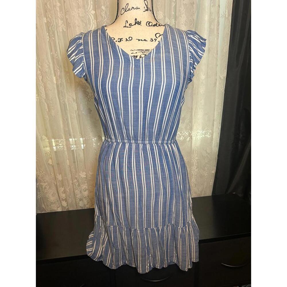 LOFT Outlet Blue & White Striped Ruffle Sleeve Dress - XSP Petite